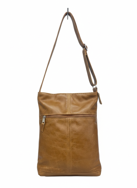 Tan Leather Crossbody Bag with Front Zip Pocket - Genuine Leather Sling