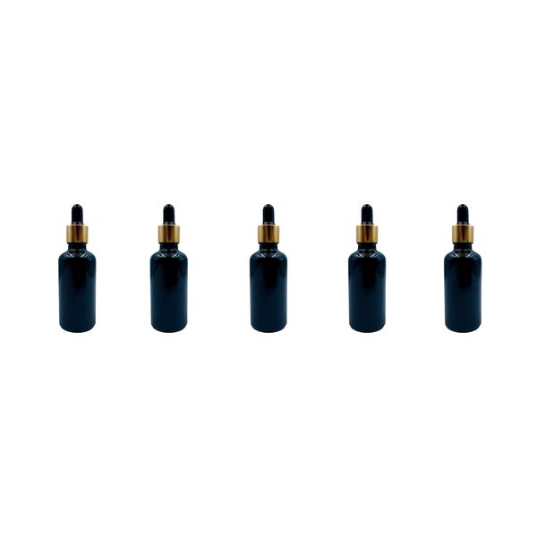 5 Pack - 50ml Black Glass Bottles with Black Dropper &amp; Gold Collar