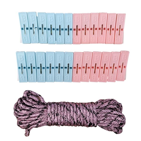 24 Pieces Clothes Peg Clip Pins With 10M Hanging Rope