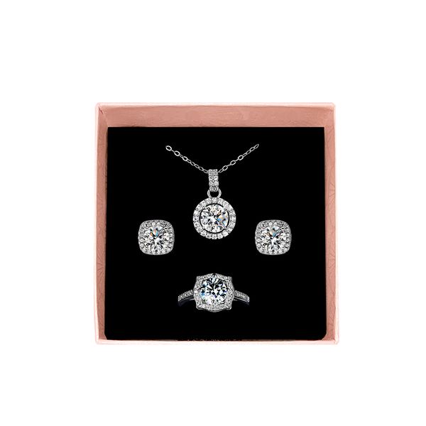 Zirconia Pendant Necklace Earrings Ring Set - Round