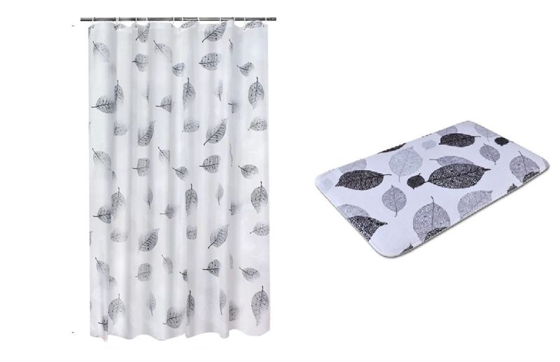 Plastic Hooks Taped Shower Curtain With Floor Mat