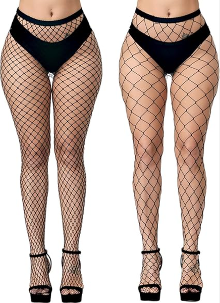 Womens High-waisted Mesh Pantyhose, Long Stockings, Black 2PCS