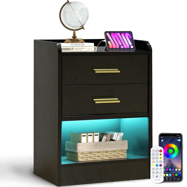 Side Table Nightstand Storage Drawer Adjustable LED Light
