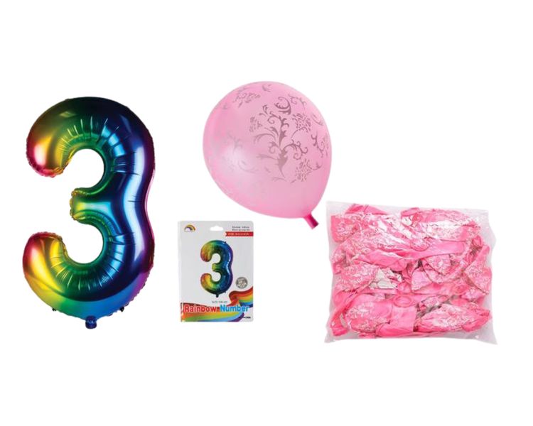 Birthday Age 3 Balloon Rainbow + Pink ballons