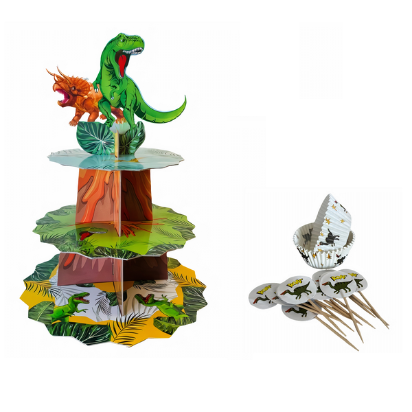 3 Tier Dinosaur Cupcake Stand, 24 Liners &amp; 24 Toppers