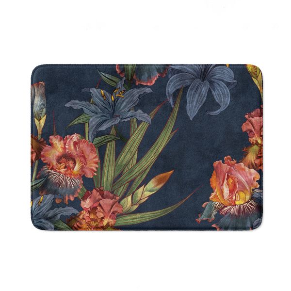 Cape Art - Memory Foam Bathmat - Floral Navy Lilies and Iris Painting