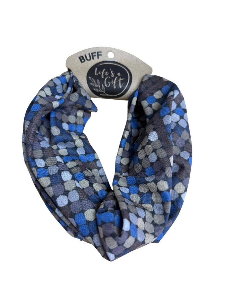 Neck Gaiter - Blue, Brown, Grey & Yellow Circles in Squares