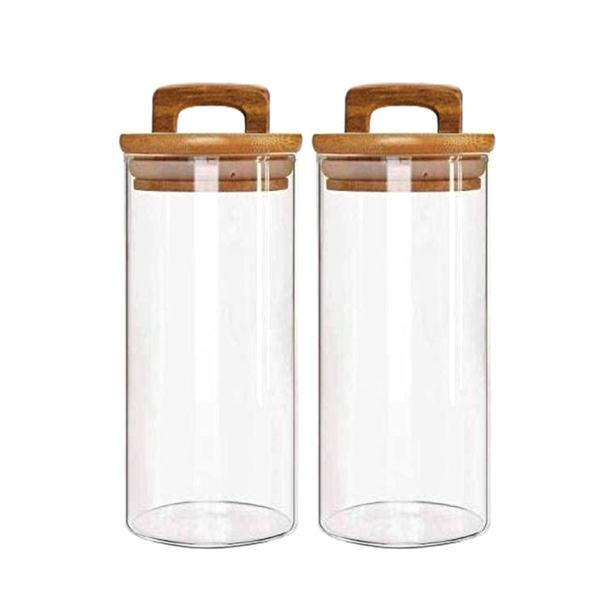 2-Piece 1300ml Clear Glass Storage Jars with Leakproof Wooden Lid 1988-36