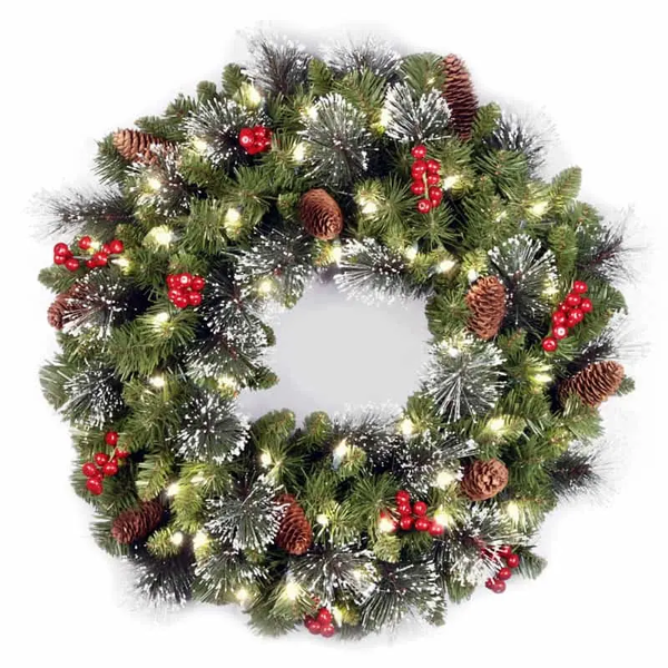 40cm Frosted Christmas Wreath with Pine Cones, Berry Clusters &amp; Lights