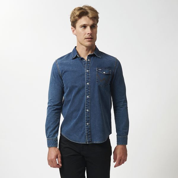 Wrangler Men's Cotton Long Sleeve Regular Casual Shirt - Stonewash Blue
