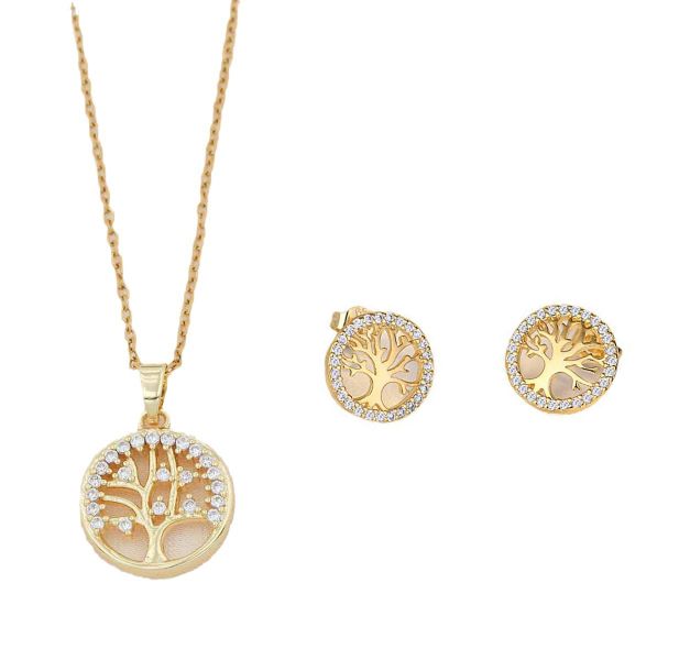 Women's Gold Hollow Tree of Life Earrings and Necklace Two-Piece Set