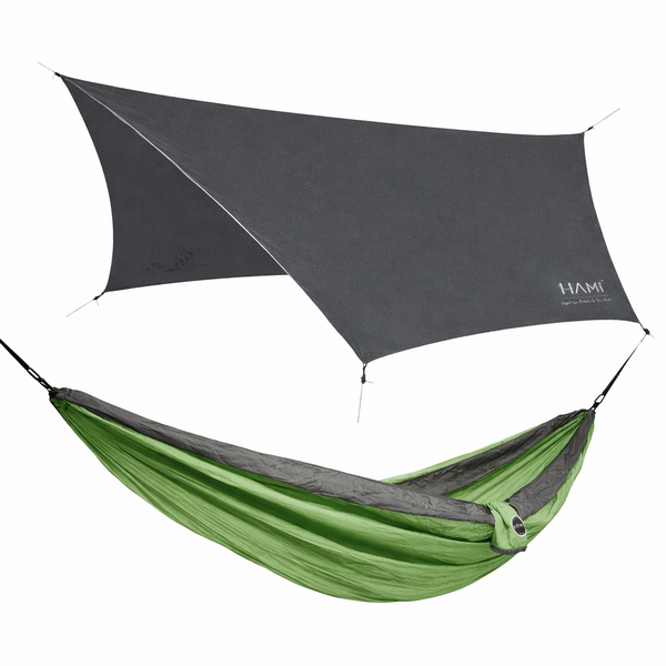 HAMI Tarp Grey 3.6m x 2.9m + Evergreen Hammock 3m x 1.8m