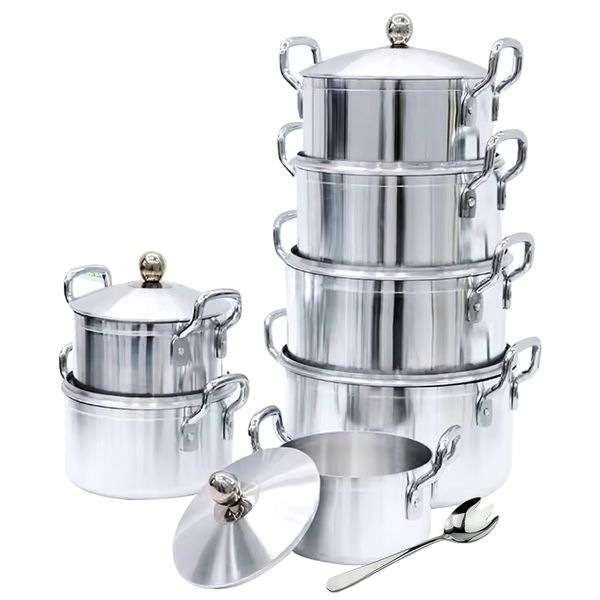 Set of 8- Pure Aluminium Casserole Pot Set Pure Shine Silver with Meat Fork