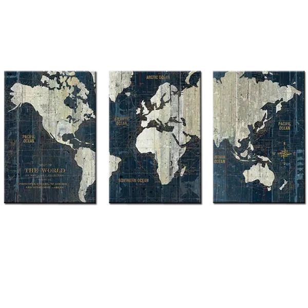 Canvas-Art-3 Pieces Dark Blue World Map Continent Wall Art