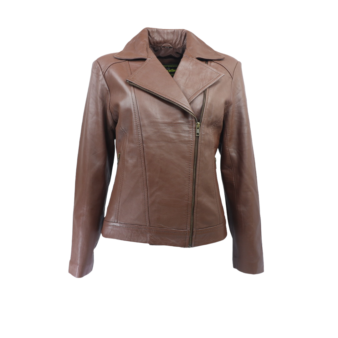 Ladies Genuine Leather Biker Style Jacket - Brown Merino Nappa | Shop ...