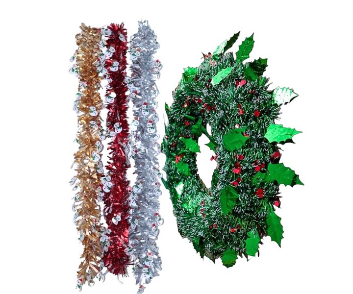 Christmas Tinsel Wreath 38cm + 3 Christmas Tinsel Garlands 180cm