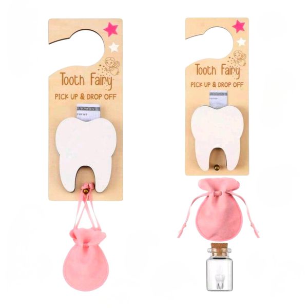 Tooth Fairy Kit - Wooden Door Hanger with Tooth Jar &amp; Velvet Bag