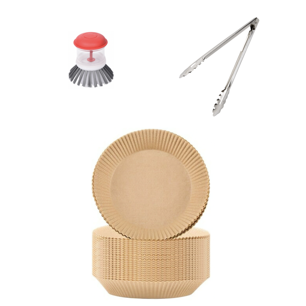 Round Air-Fryer Parchment Paper Liners - 100-Pack with Tongs &amp; Soap Scrubber