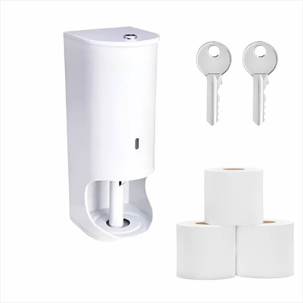 3-Tier Lockable Wall-Mounted Toilet Paper Holder - White + 3 Rolls