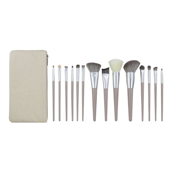 14 Pack Cream Gray Makeup Brush Set Ultra Soft Spotlight Blush Brush