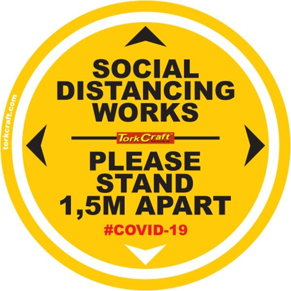Covid 19 - 400mm Round Social Distancing Graphic - Tork Craft Double Yellow 1.5 Mtr Apart Please