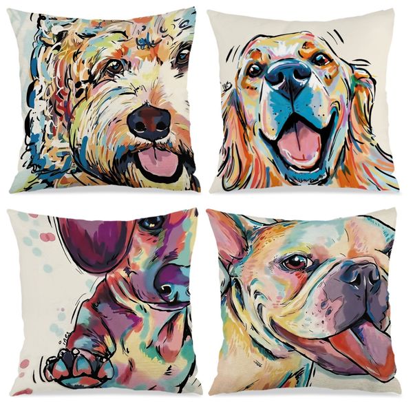 Set of 4 Abstract Dog Printed Cushion Cover, 45x45cm Square Pillow Cover