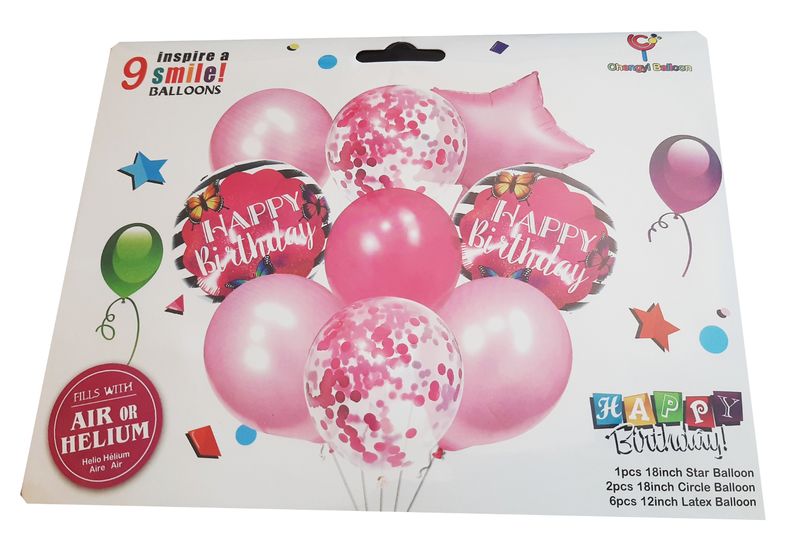9 Piece Air or Helium Foil Balloon Set - Pink Happy Birthday
