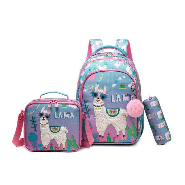 3 Piece Llama School Backpack with Pencil Case &amp; Lunch Bag