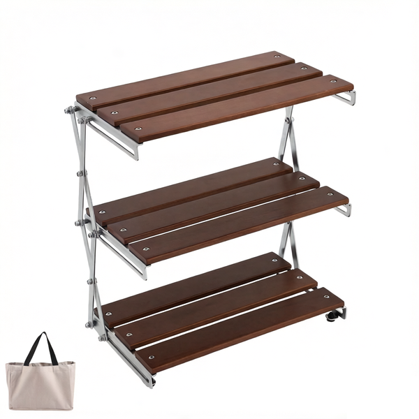 Outdoor Camping Foldable Portable Three-Tier Wooden Storage Rack