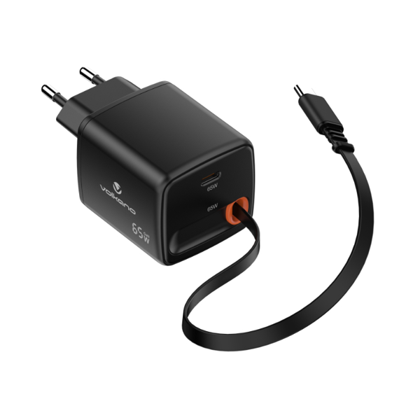 Volkano Sleek Series Fast Wall Charger Certified 65W USB-C-Built-in Cable
