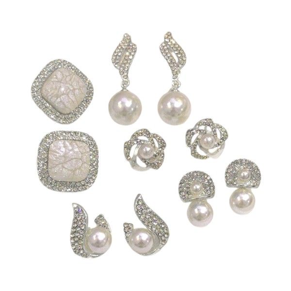 Geometric Shaped Earrings With Rhinestone &amp; Pearl Deails - Silver - 5 Pairs