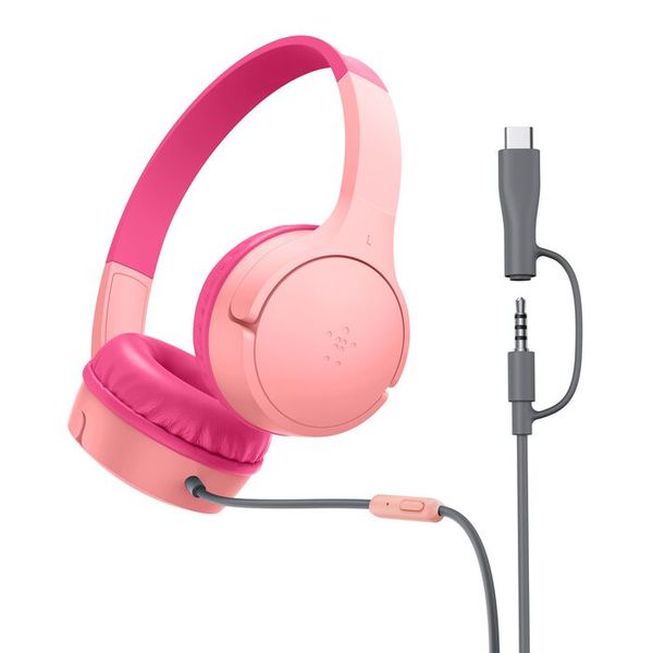 Belkin SoundForm Mini Kids Wired Headphones with USB-C to 3.5mm Dongle, Built-in Mic &amp; Fun Stickers, 85dB Max Volume - for Online Learning, Travel,