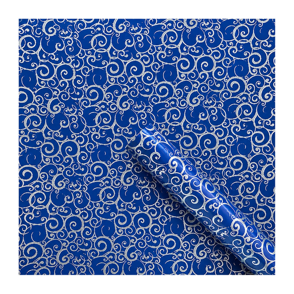 Silver Curls on Blue Wrapping Paper Roll 500mm x 10meter Premium Gift Wrap