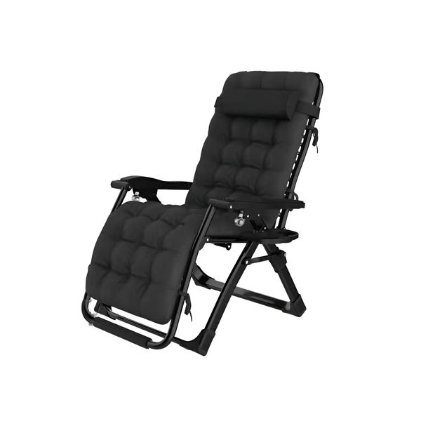 Foldable Deck Chair with Removable Cushion, Pillow &amp; Cup Holder - Black