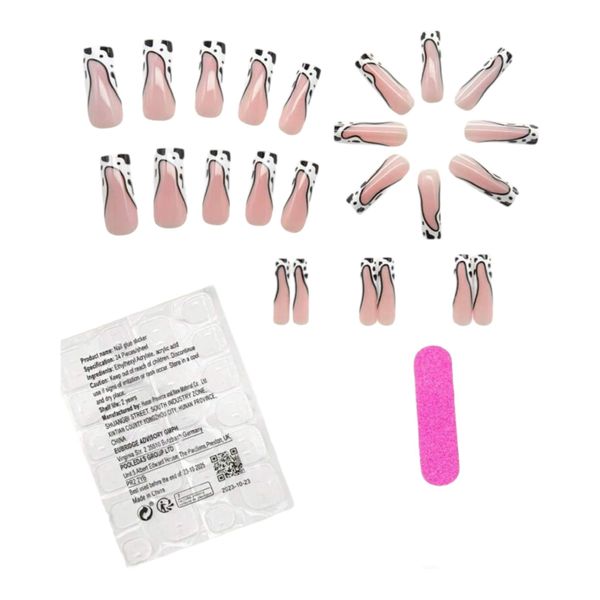 24pcs Long Square Black and White Spots French Press-on Nails