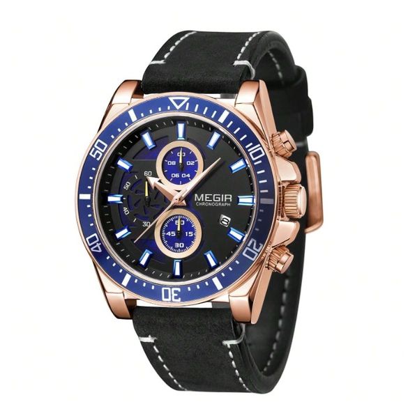 MEGIR - Water Resistant Quartz Watch With Chronographic Dial - Black/Gold