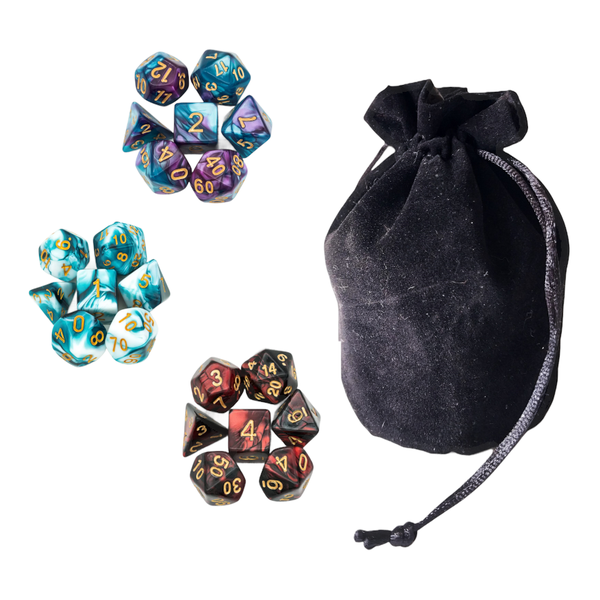 3 RPG Dice Sets With Dice Bag - Red &amp; Black, Purple &amp; Blue, White &amp; Blue