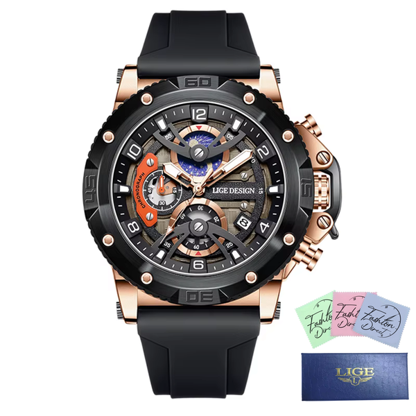 LIGE - Men Luxury Chronograph Silicone Strap Sport Watch - Blue