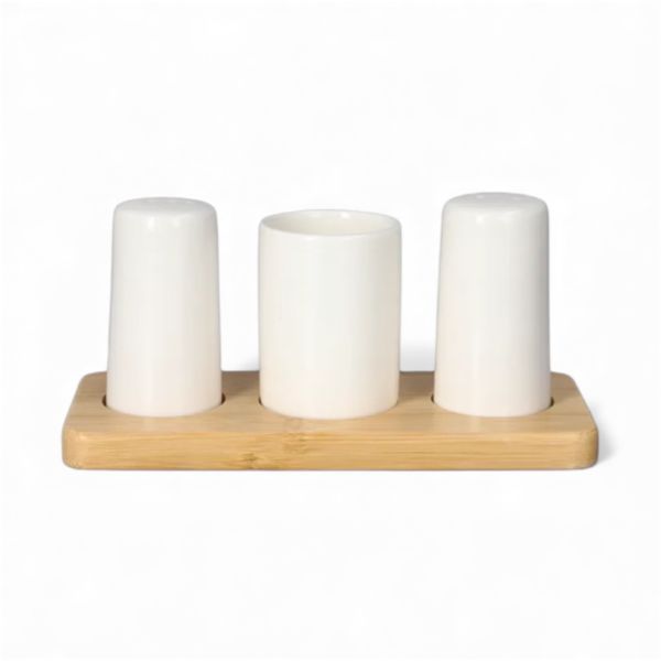Set of 3 Premium Quality Porcelain Salt &amp; Pepper Shakers with Wooden Stand