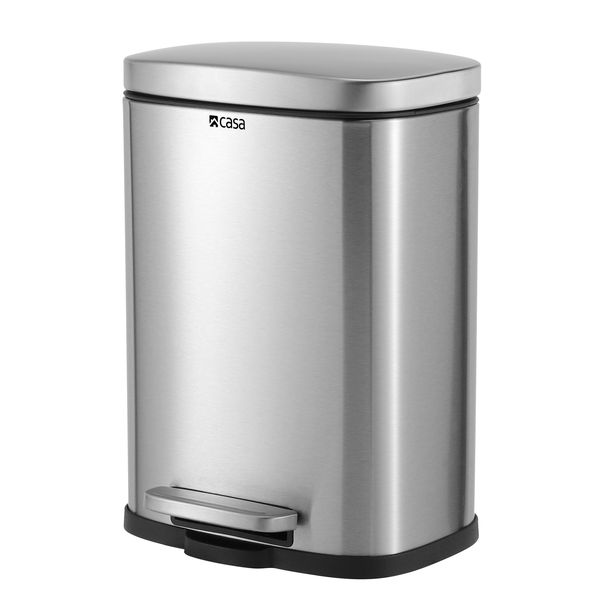 CASA Modena Rectangle Stainless Steel Pedal Bin Soft Close Lid - 5L - Silver