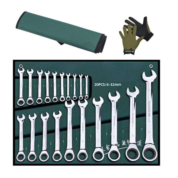 12-Point 20-Piece Premium Ratchet Spanner Set Size 6-32mm With Gloves &amp; Bag