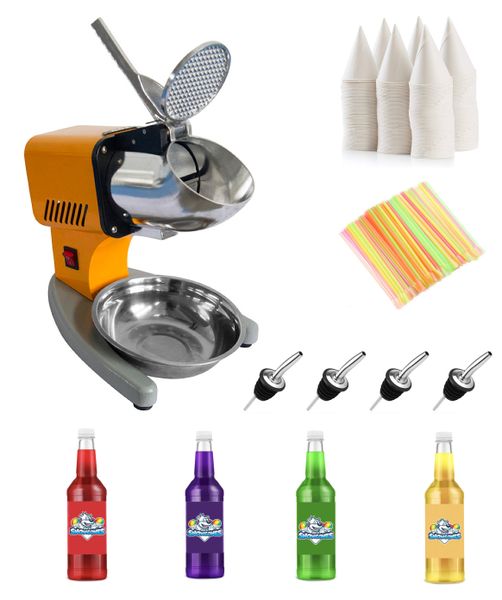 Snowcone Making Kit-Ice Crusher, Cone Cups, Spoon Straws, 4 Pours, 4 Syrups