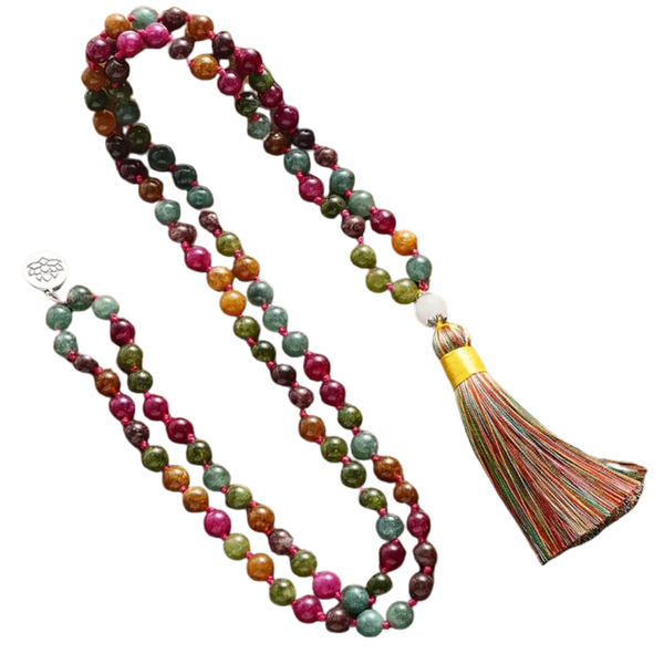 108 Hand-Knotted Multicolor Stone Beaded Mala Necklace