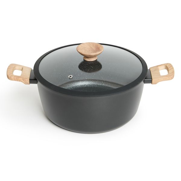 George &amp; Mason - Black Non-Stick Granite Coated Pot with Glass Lid - 28cm