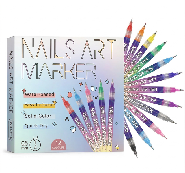 12-Piece Professional Nail Art Pen Set - 0.5mm Fine Tip Quick-Dry Markers