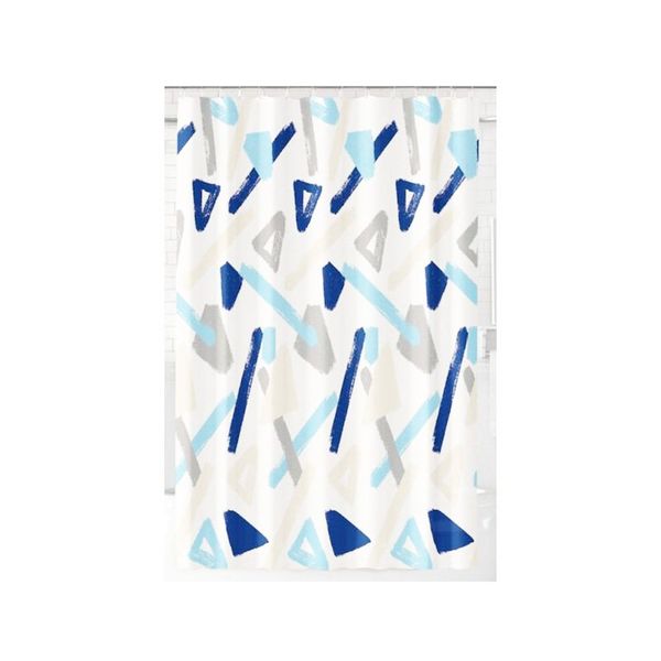 Blue Geometric Polyester Hooks Pleated Shower Curtain
