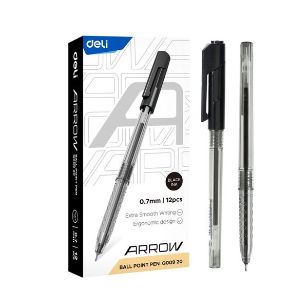 Deli ARROW BallPoint Pen Mini tip 0.7mm Black Ink Transparent Barrel 12PCS