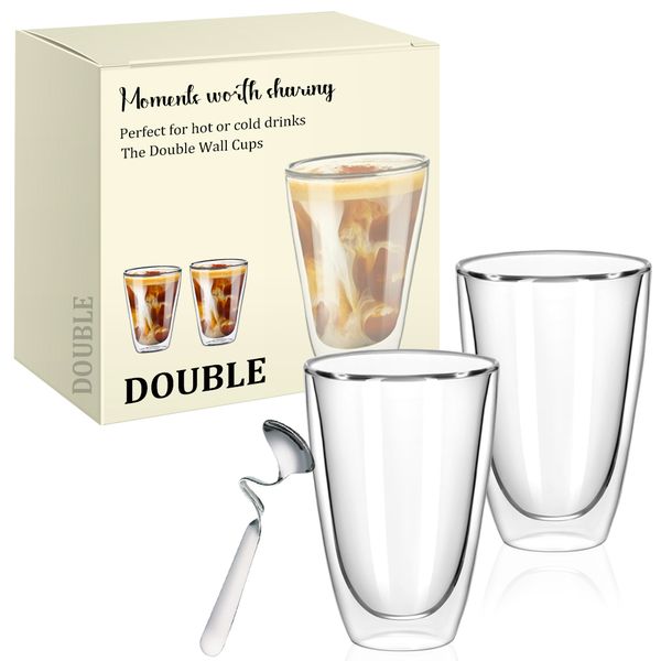 Set of 2 - High Quality Borosilicate Double Walled Coffee Glasses - 400ml