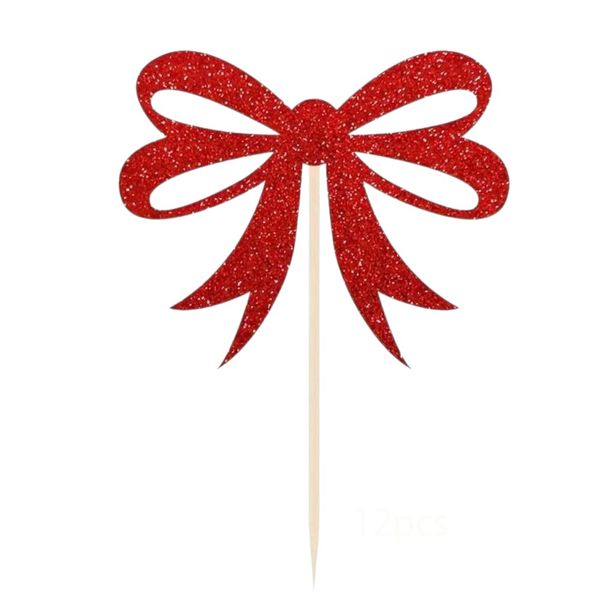 12 Piece Glitter Finish Christmas Bow Cake Topper - Red