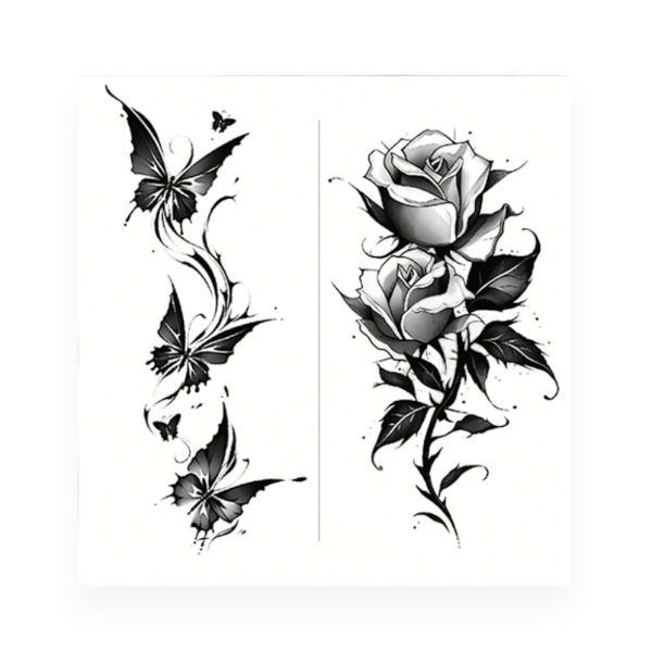 2-Piece Floral Butterfly Temporary Body Art Tattoo - Black